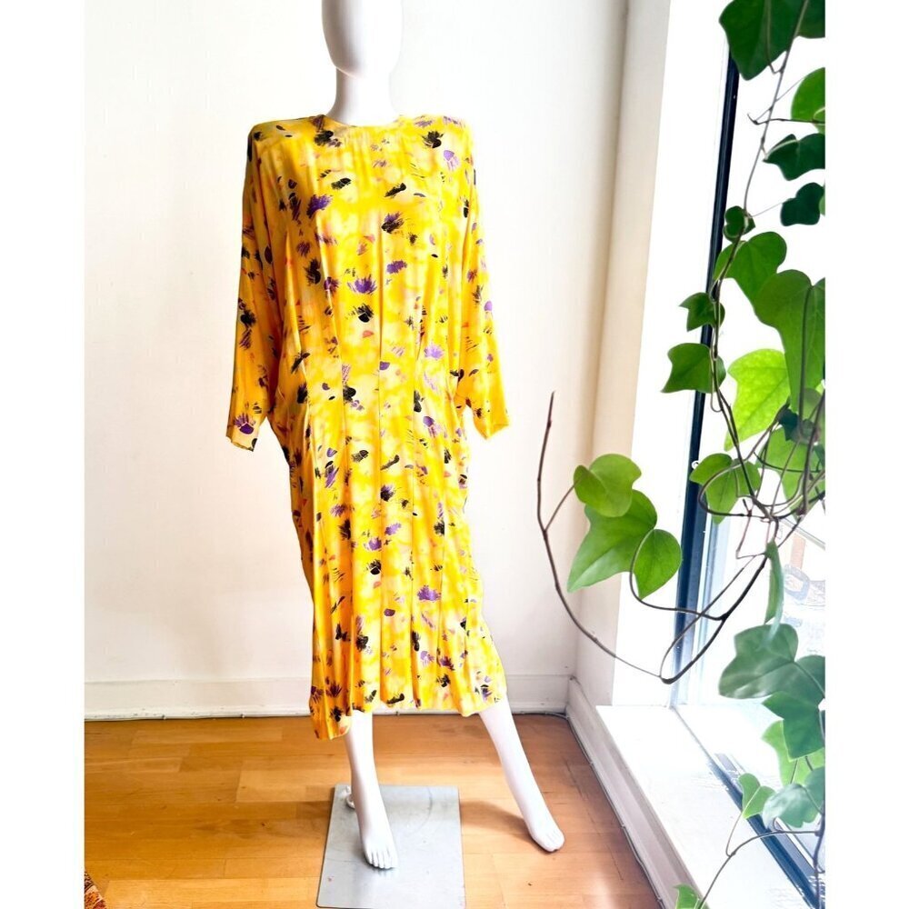 Vintage 90s Nicole Miller Yellow Abstract Print Midi Dress 4